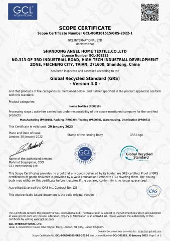 GOTS certificate from Shandong Angel Home Textile Co., Ltd.