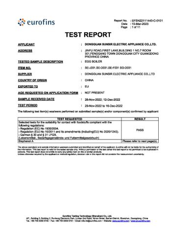 Product Inspection Report certificate from Guangdong Sunsir Electric Appliance Co., Ltd.
