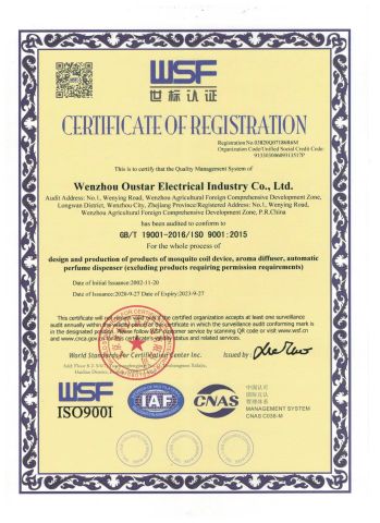 ISO 9001 certificate from Wenzhou Oustar Electrical Industry Co., Ltd.
