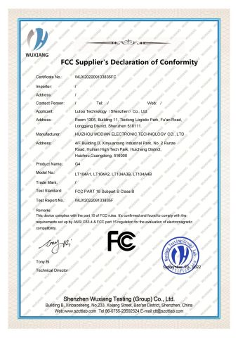 FCC for G4 certificate of Lutou Technology (Shenzhen) Co., Ltd. – certificate photo, supplier certificates section