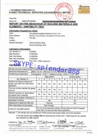 Fire retardant test reports, safety flooring certificate of Qingdao Hvsun Industry Co., Ltd. – certificate photo, supplier certificates section