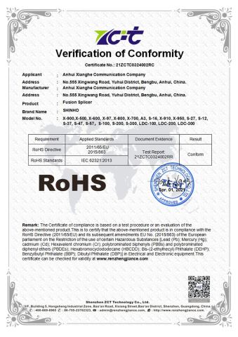 ROHS FUSION SPLICER certificate from SHINHO OPTICS LIMITED