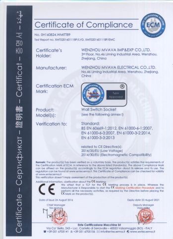 CE socket certificate from Wenzhou Mvava Electrical Technology Co.,Ltd