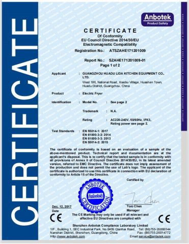 certificate of conformity certificate from Guangzhou Lida Kitchen Equipment Co., Ltd.