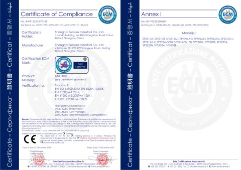 CE certificate of drill press certificate from Shanghai Sumore Industrial Co., Ltd.