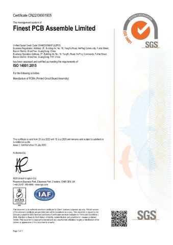ISO14001 certificate from Finest Printed Circuit Board Ltd.