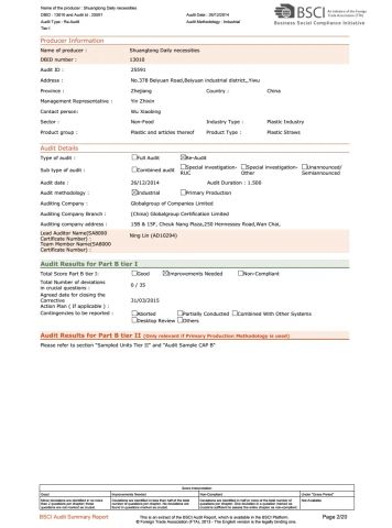 BSCI Audit-02 certificate from Shuangtong Daily Necessities Co., Ltd. Y. W.