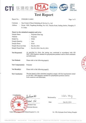 Polyester filter bag GB5009.60-2003 certificate of Filterek Products Tech Co., Ltd. – certificate photo, supplier certificates section