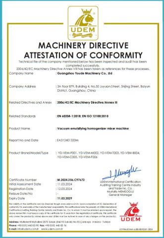 CE Certificate certificate of Guangzhou Youde Machinery Co., Ltd – certificate photo, supplier certificates section