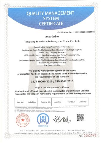 ISO9000 certificate from Yongkang Sam Industry and Trade Co Ltd