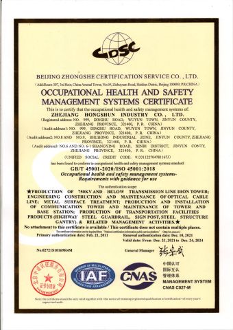 ISO OCCUPATIONAL HEALTH AND SAFETY MANAGEMENT SYSTEMS CERTIFICATE certificate from Ningbo HY Communication Equipment Co., Ltd.