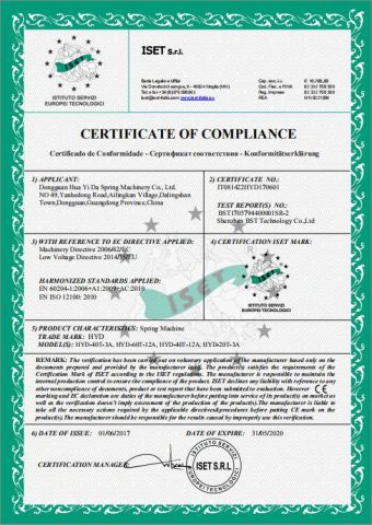 CE Certificate of Spring Machine certificate from Guangdong Huayida Intelligent Equipment Co., Ltd.