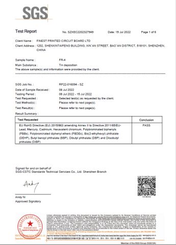 immersion tin RoHS test report certificate from Finest Printed Circuit Board Ltd.