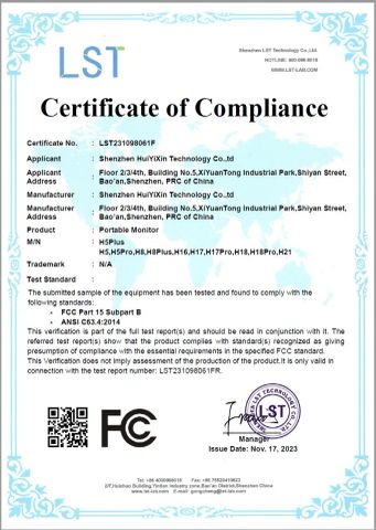 Certificate of Compliance certificate from Shenzhen Huiyixin Technology Co., Ltd