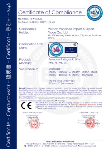 CECertificate of Permanent Magnet Lifter certificate from Wuhan Vohoboo Import and Export Trade Co., Ltd.