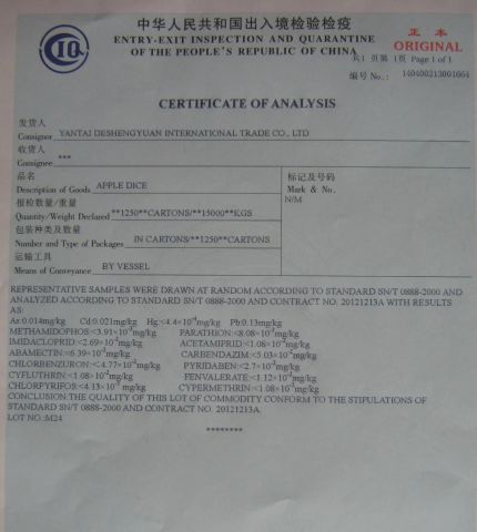 COA CERTIFICATE certificate from Shanxi Fret International Trade Co., Ltd