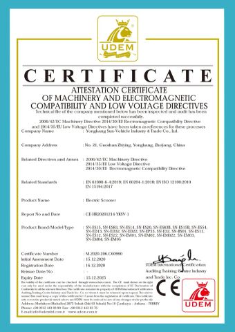 CE for scooter certificate from Yongkang Sam Industry and Trade Co Ltd
