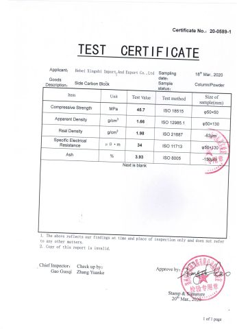 Light Metal Research Institute for carbon cathodes block certificate of Hebei Xingshi New Material Technology Co., Ltd – certificate photo, supplier certificates section