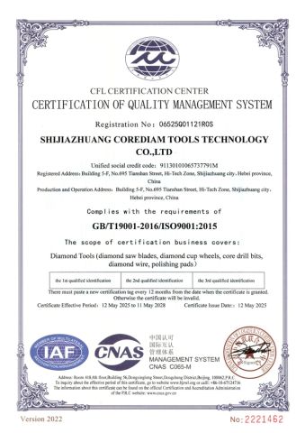 ISO 9001 certificate from Shijiazhuang Corediam Tools Technology Co., Ltd.