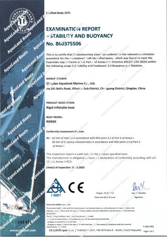 CE-RIB830M certificate from Qingdao Aqualand Marine Co., Ltd