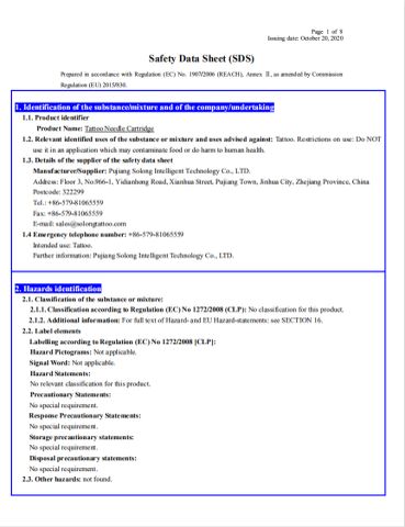 SDS of Tattoo Needle cartridges EU certificate from Hangzhou Solong Technology Co., Ltd.