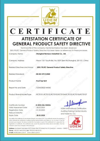 Roof Top Tent CE Certificate certificate from Shanghai Remaco Industrial Co., Ltd.