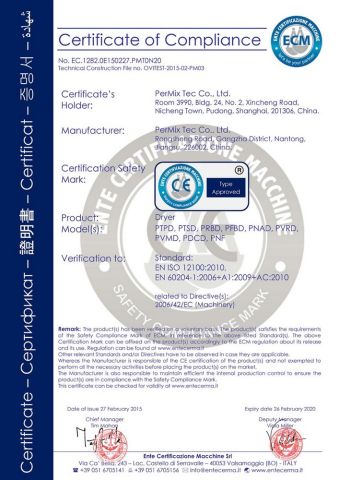 CE for Mixer Dryers certificate from PerMix Tec Co., Ltd.
