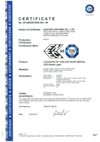 ENEC STREET LIGHT certificate from Yuyao Austar Lighting Co., Ltd.
