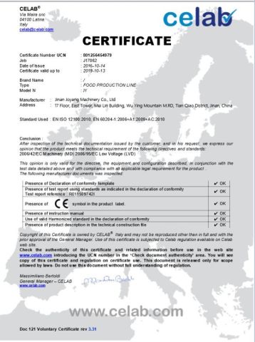 CE for Food production line certificate from SHANDONG JOYANG MACHINERY CO., LTD.