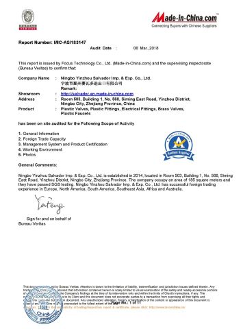 BV certificate from Ningbo Salvador Piping System Co., Ltd.
