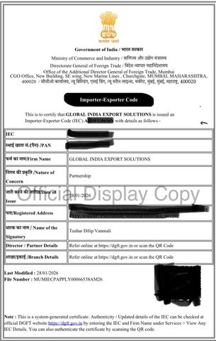 IMPORT EXPORT CODE - IEC certificate from GLOBAL INDIA EXPORT SOLUTIONS