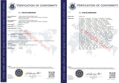CE certificate from Taizhou Minghe Punch Machinery Co., Ltd.