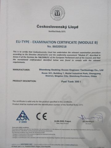 CE certificate of Fuel tank certificate from Qingdao Allsea Boats Co., Ltd.