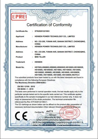 CE certificate for mini tillers certificate from HENSEN POWER TECHNOLOGY CO., LIMITED