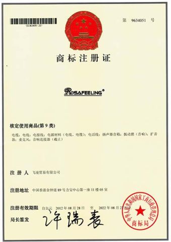 Trademark certificate from ROSAFEELING INDUSTRIES INC LIMITED