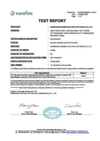 Product Inspection Report certificate from Guangdong Sunsir Electric Appliance Co., Ltd.