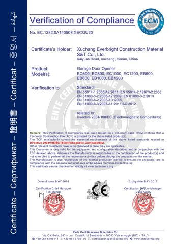 CE FOR DOOR OPENER certificate from Zhengzhou Everbright Construction Material Co., Ltd.