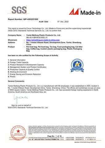 SGS Certificate certificate from Yantai Meifeng Plastic Products Co., Ltd.