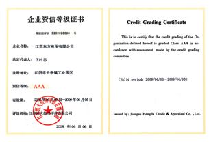 Credit Grade Certificate certificate from Jiangsu Dongfang Hydraulic Co., Ltd.