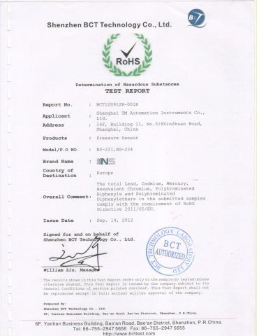 Test Report of RoHs certificate from Shanghai TM Sensor Co., Ltd.