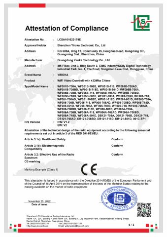 CE-Video Doorbell certificate from Guangdong Yiroka Technology Co., Ltd