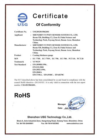 rohs for coating thickness gauges certificate from Shenzhen Yowexa Measurement Technology Co., Ltd.