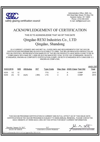 CCC certificate from QINGDAO REXI INDUSTRIES CO., LTD.