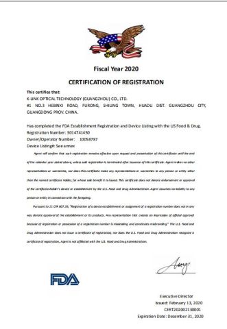 FDA certificate from Guangzhou USOM Glasses Co., Ltd.