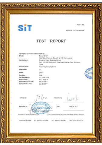 SIT Test Report certificate from Shenzhen Bright Glassware Co., Ltd.