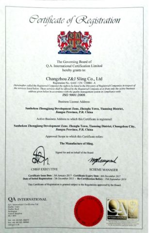 ISO certification certificate from Changzhou Z&J Sling Co., Ltd.