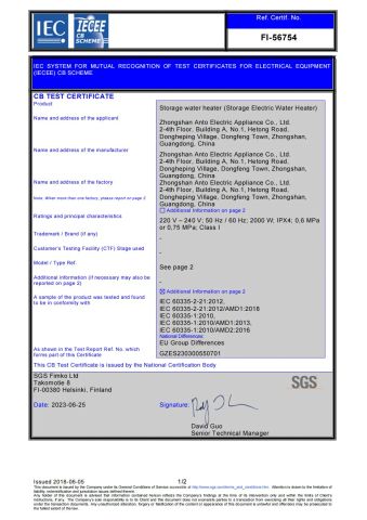 CB of large storage water heater certificate from Zhongshan Anto Intelligent Technology Co., Ltd.