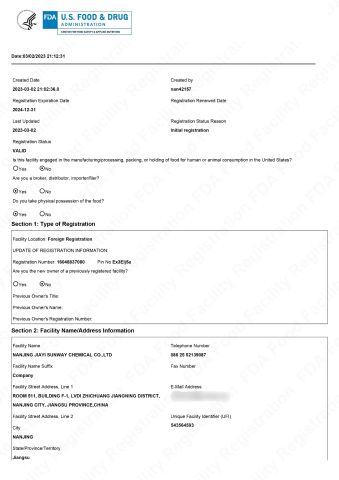 FDA Certificate certificate from Nanjing Jiayi Sunway Chemical Co., Ltd.
