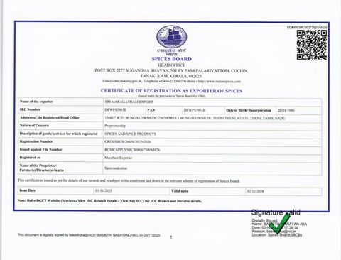Spices Board certificate from Sri maragatham export. India
