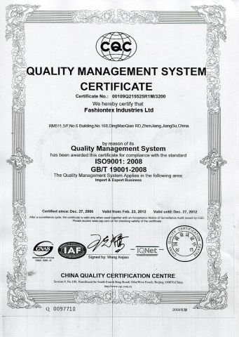 ISO9001 certificate from Zhenjiang Fashiontex Industries Co., Ltd.